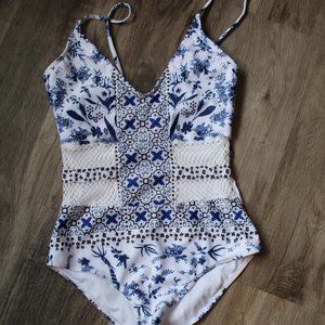 Blue and white one piece swimsuit M